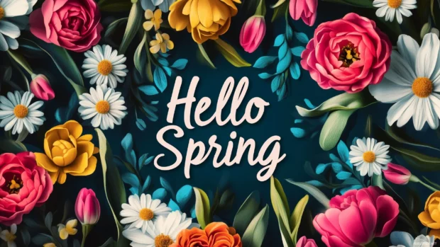 Hello Spring wallpaper HD featuring roses, tulips, and daisies, with Hello Spring in elegant cursive script at the bottom center, vibrant spring colors throughout.