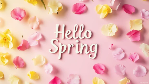 Hello spring design with a soft gradient background in pastel pink and yellow.