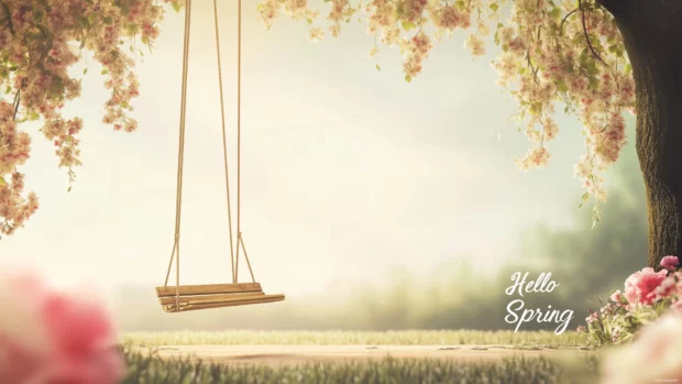 Hello spring landscape with a wooden swing hanging from a tree, surrounded by blooming flowers and a scenic backdrop.