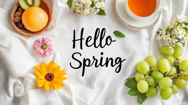 Overhead shot of a picnic scene with fresh fruits, flowers, and a cup of tea on a white tablecloth, with Hello Spring written in a fun, playful script font in the top center.