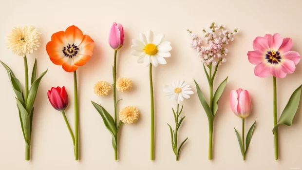 Pastel colored wildflowers arranged in a seamless, repeating design, featuring daisies, tulips, and cherry blossoms on a soft cream background.