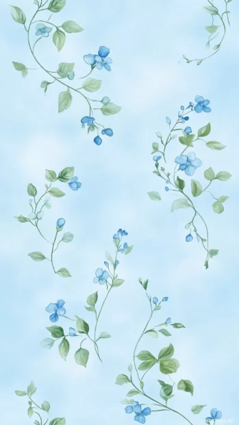 Pattern of delicate hand drawn wildflowers and tiny green leaves on a soft baby blue background, creating a simple and elegant spring preppy.