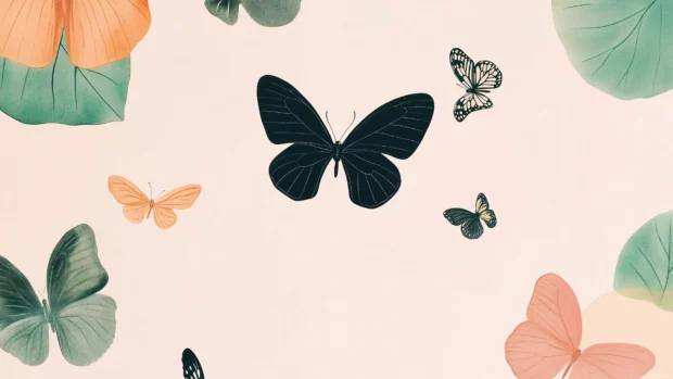 Preppy Spring Wallpaper HD of butterflies, flowers, and green leaves floating on a subtle pastel pink background.