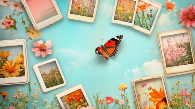 Preppy collage of spring themed images including butterflies, flower gardens, clear blue skies, and vintage style polaroid frames arranged in a scrapbook layout.