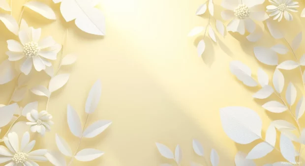 Preppy spring HD Wallpaper with delicate leaves and flowers scattered across a pastel yellow background.