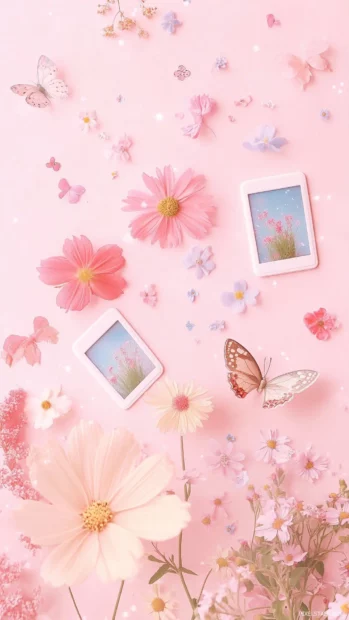 Preppy springtime photos with polaroid frames, wildflowers, butterflies, and hand drawn doodles on a soft pastel pink background.