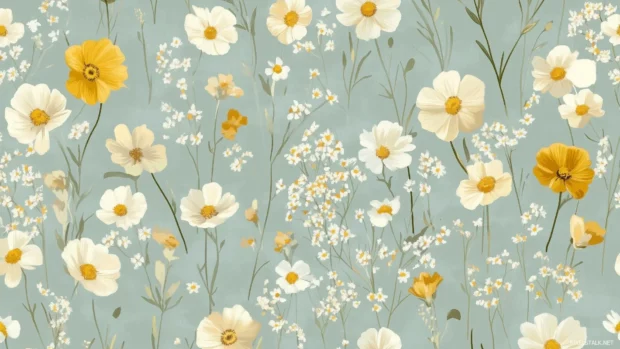 Seamless pattern of spring wildflowers like daisies, buttercups, and tiny bluebells.