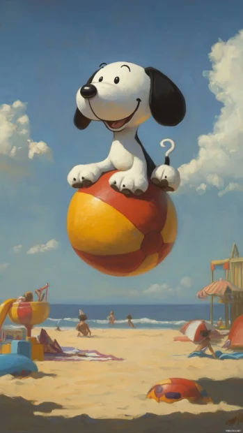 Snoopy balancing on a beach ball with a playful expression, surrounded by beach toys and a sunny backdrop.