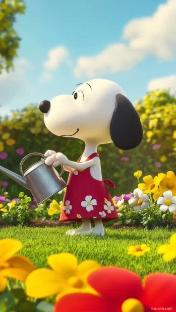 Snoopy dressed in a cute floral apron, tending to his vegetable garden with a watering can, surrounded by sprouts and colorful flowers.