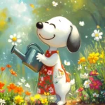 Snoopy dressed in a cute floral apron, tending to his vegetable garden with a watering can, surrounded by sprouts and colorful flowers, embodying the joy of spring gardening,.