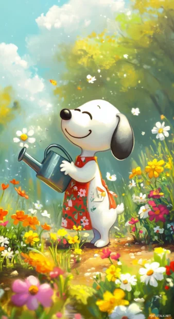 Snoopy dressed in a cute floral apron, tending to his vegetable garden with a watering can, surrounded by sprouts and colorful flowers, embodying the joy of spring gardening,.