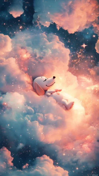 Snoopy lying on a cloud with a big smile, dreaming of chasing stars and playing with friends.