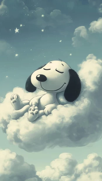 Snoopy lying on a cloud with a big smile, dreaming of chasing stars and playing with friends, surrounded by soft pastel skies and whimsical elements.