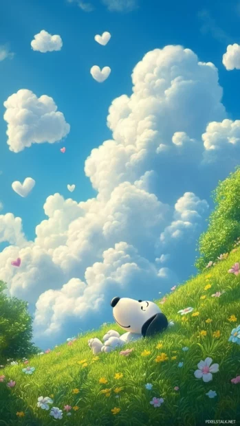 Snoopy lying on a grassy hill, gazing up at fluffy clouds shaped like hearts and flowers.