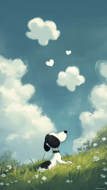 Snoopy lying on a grassy hill, gazing up at fluffy clouds shaped like hearts and flowers, with a peaceful expression that captures the essence of a sunny spring day.