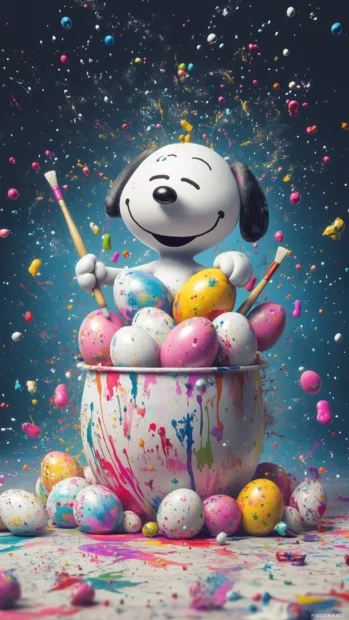 Snoopy painting colorful Easter eggs with Woodstock.