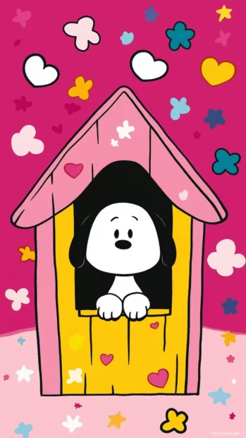 Snoopy peeking out of his doghouse with wide, curious eyes, surrounded by colorful hearts and stars.