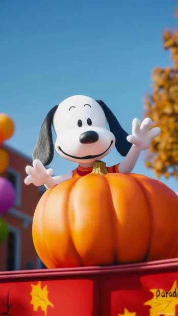 Snoopy playing the role of a Thanksgiving parade float, with a giant pumpkin and colorful balloons.