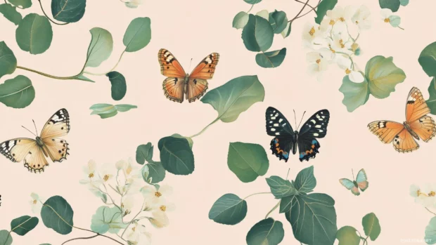 Soft, repeating pattern of butterflies, flowers, and green leaves floating on a subtle pastel pink background.