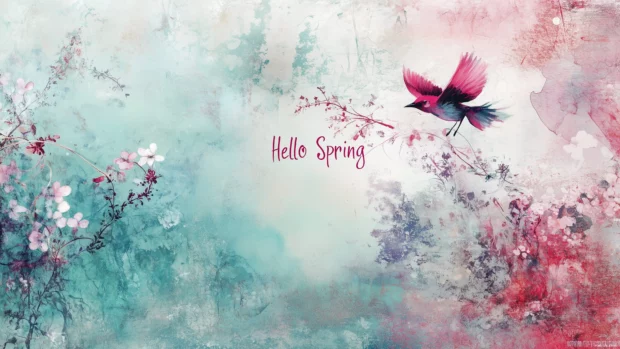 Soft watercolor style background in pastel blues, pinks, and purples with gentle floral illustrations and Hello Spring in bold hand drawn calligraphy at the cente.