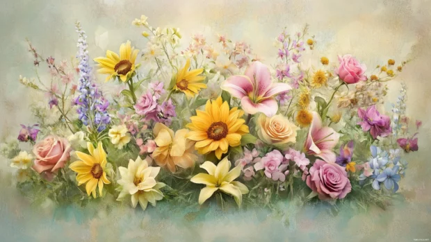 Spring collage of blooming flowers like roses, lilies, and sunflowers arranged in an artistic layout with soft pastel tones and a subtle paper texture background.