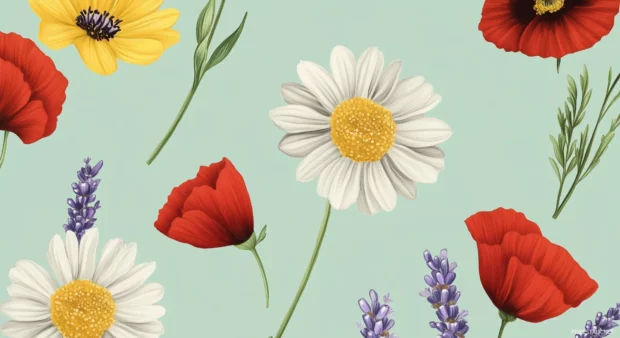 Spring flowers including daisies, poppies, and lavender, repeated in a diagonal layout over a soft mint green background.