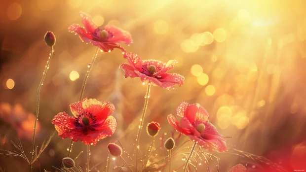 Spring flowers with dew drops in the morning light.