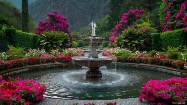 Spring garden with a variety of blooming flowers and a fountain.