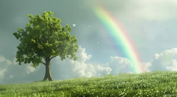 Spring meadow with a rainbow after a light rain shower.