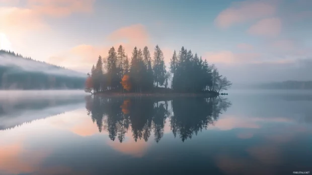 Spring morning time with soft mist over a tranquil lake surrounded by trees.