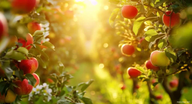 Spring orchard with trees in full blossom and fresh fruit.