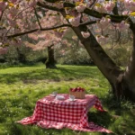 Spring picnic under cherry blossom trees in full bloom.