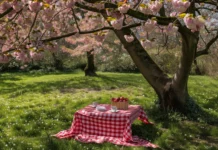 Spring picnic under cherry blossom trees in full bloom.