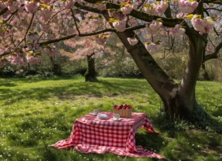 Spring picnic under cherry blossom trees in full bloom.