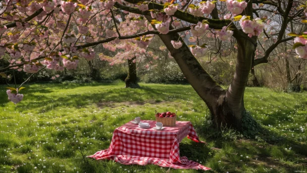 Spring picnic under cherry blossom trees in full bloom.