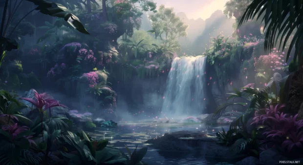 Spring waterfall surrounded by lush greenery and flowers.