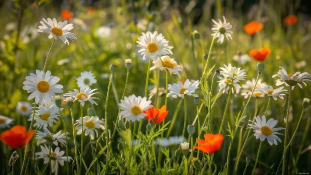 Springtime HD Wallpaper HD with daisies and poppies in a spring field.