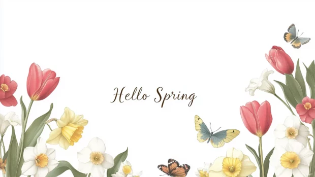 Springtime HD background with hand drawn style floral border with tulips, daffodils, and butterflies framing the screen.