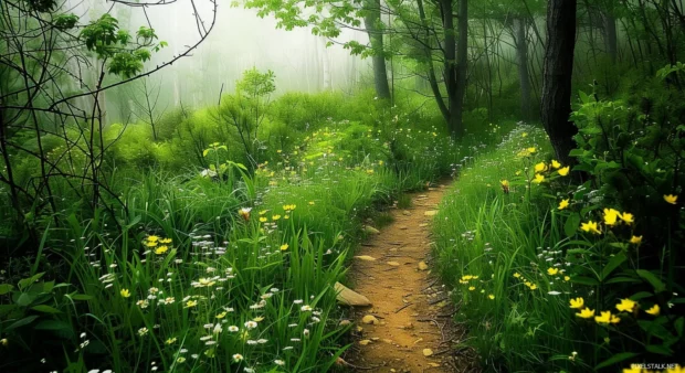 Springtime forest wallpaper with wildflowers and fresh green foliage.