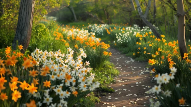 Springtime image with Spring flowers along a peaceful countryside path.