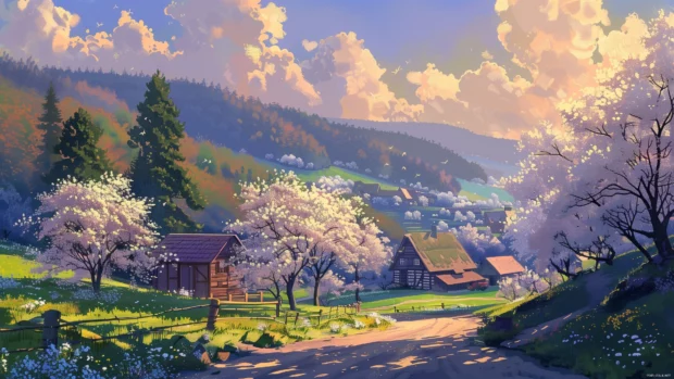 Springtime view of a quaint village nestled among rolling hills.