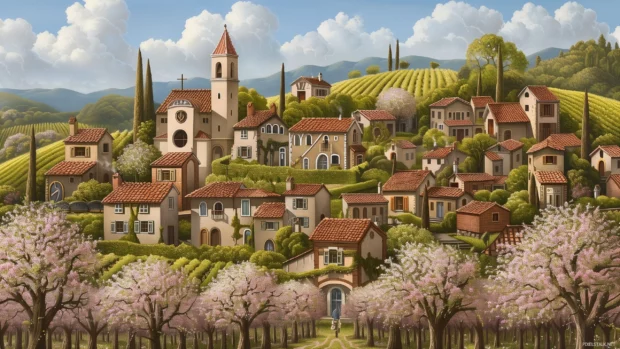 Springtime view of a quaint village nestled among rolling hills.