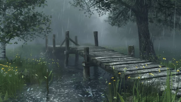 Springtime view of a rustic wooden bridge over a bubbling stream.