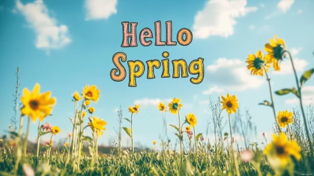 Sunny spring meadow filled with bright yellow sunflowers and wildflowers.