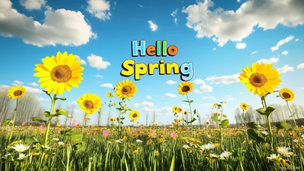 Sunny spring meadow filled with bright yellow sunflowers and wildflowers, with Hello Spring in playful, colorful block letters at the top center, soft clouds in the sky.