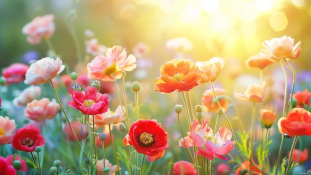 Vibrant spring flowers in a sunlit garden.