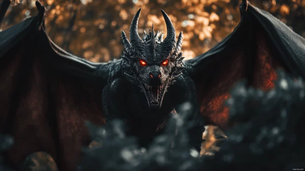 4K black dragon emerges from the depths of an ancient forest, wings extended wide and glowing red eyes.