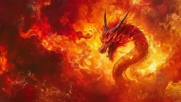 4K fire dragon emerging from a blazing inferno, its scales glowing red and orange.