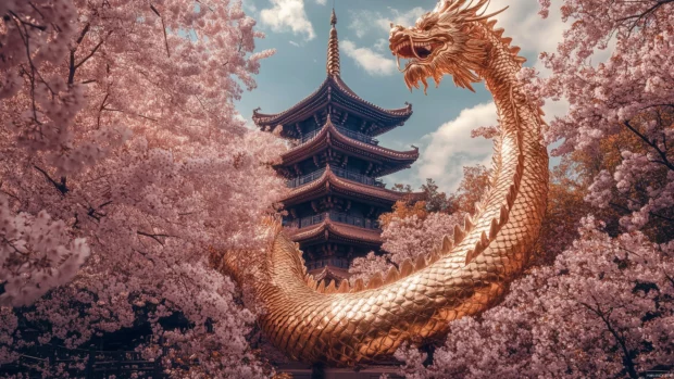 4K golden dragon wrapped around a tall pagoda, the ancient building standing firm amidst cherry blossom trees.