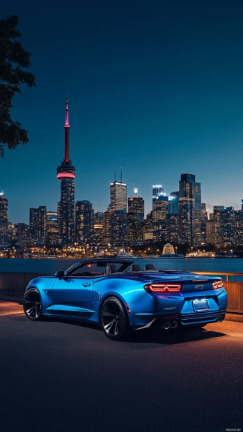 4K wallpaper with a 2022 Camaro SS Convertible parked in front of a modern city skyline at twilight.